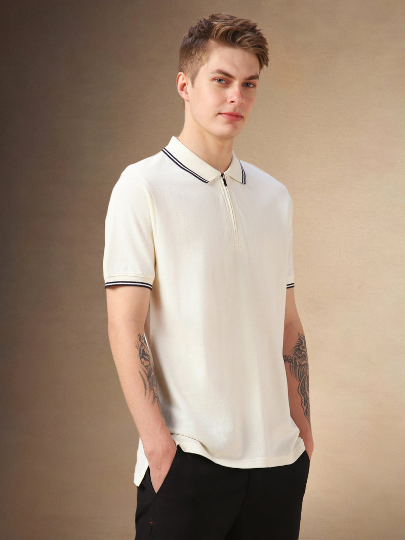 Men's White Solid Polo Collar Half Sleeves T-shirt