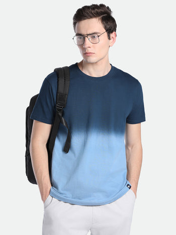 Men's Indigo Color Block Cotton Crew T-Shirt