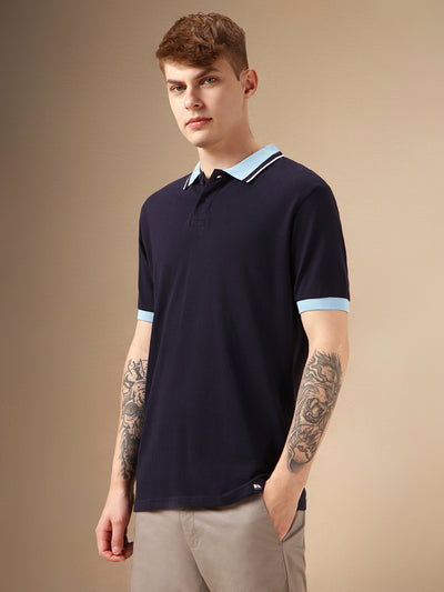 Men's Navy Solid Polo Collar Half Sleeve Casual T-Shirt