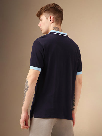 Men's Navy Solid Polo Collar Half Sleeve Casual T-Shirt