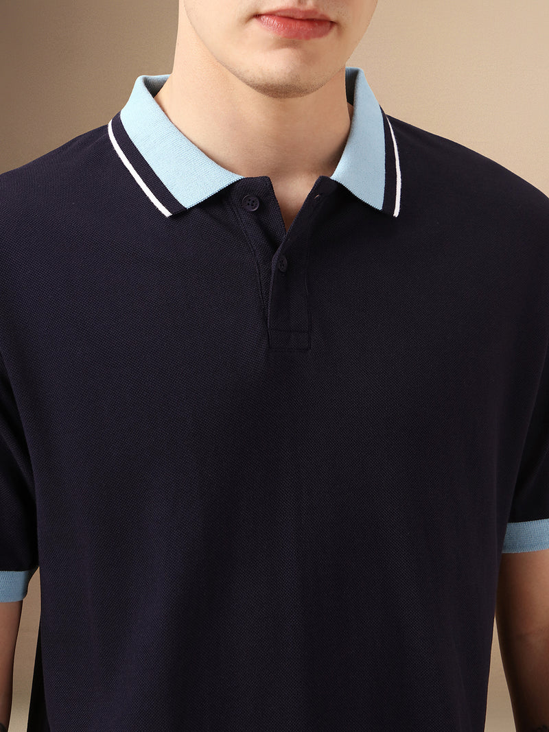 Men's Navy Solid Polo Collar Half Sleeve Casual T-Shirt