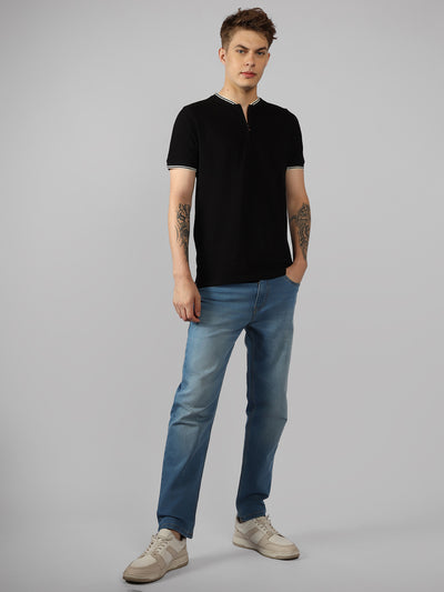 Men's Black Solid Henley Neck Half Sleeve Casual T-Shirt