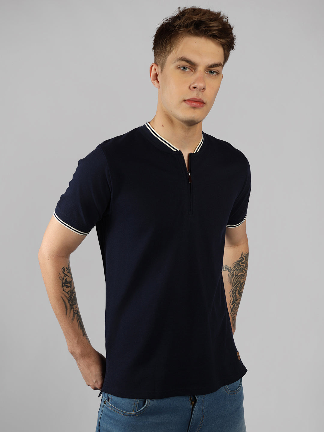 Men's Blue Solid Henley Neck Half Sleeve Casual T-Shirt