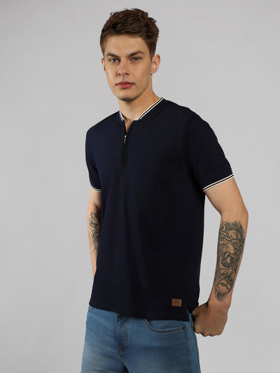 Men's Blue Solid Henley Neck Half Sleeve Casual T-Shirt