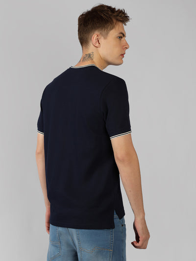 Men's Blue Solid Henley Neck Half Sleeve Casual T-Shirt