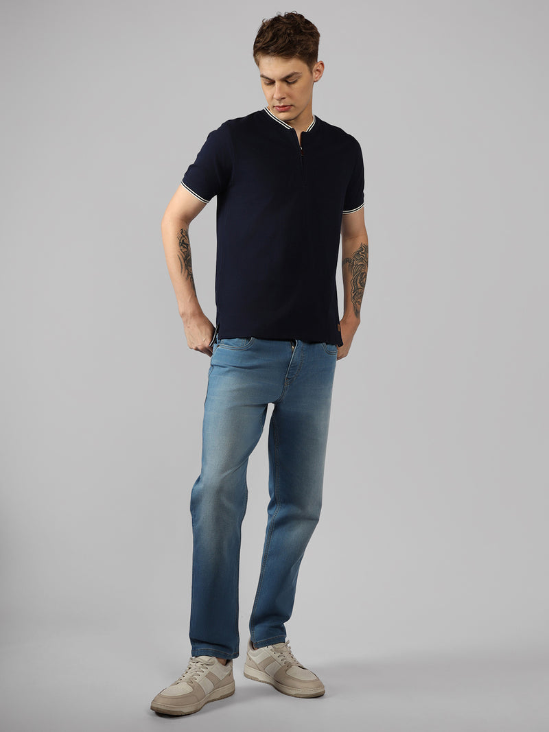 Men's Blue Solid Henley Neck Half Sleeve Casual T-Shirt