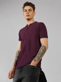 Men's Maroon Solid Henley Neck Half Sleeve Casual T-Shirt