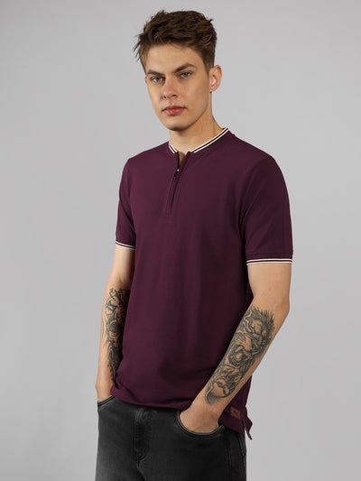 Men's Maroon Solid Henley Neck Half Sleeve Casual T-Shirt