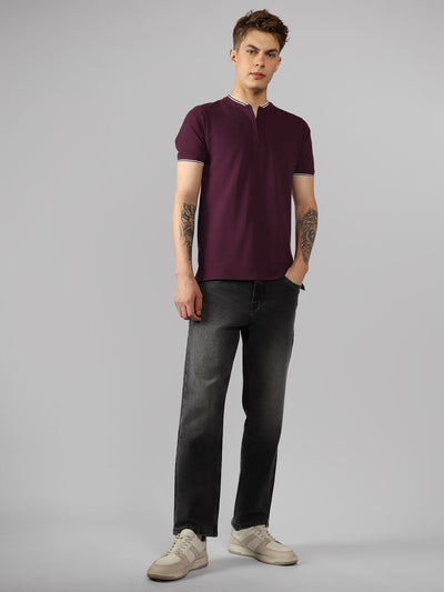 Men's Maroon Solid Henley Neck Half Sleeve Casual T-Shirt