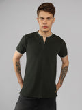 Men's Olive Solid Henley Neck Half Sleeve Casual T-Shirt