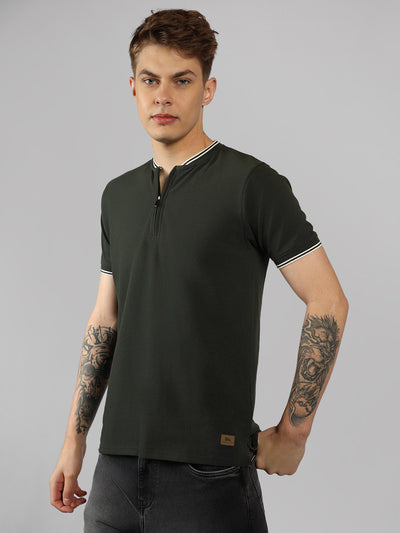 Men's Olive Solid Henley Neck Half Sleeve Casual T-Shirt