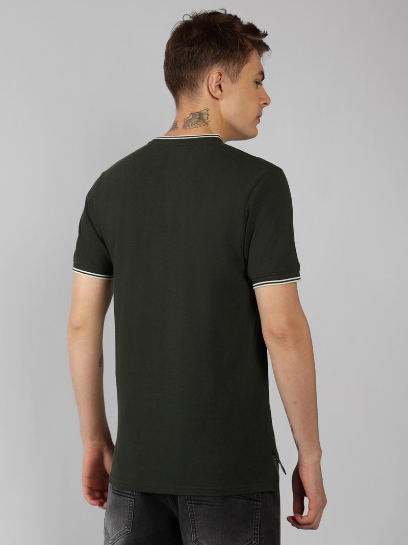 Men's Olive Solid Henley Neck Half Sleeve Casual T-Shirt