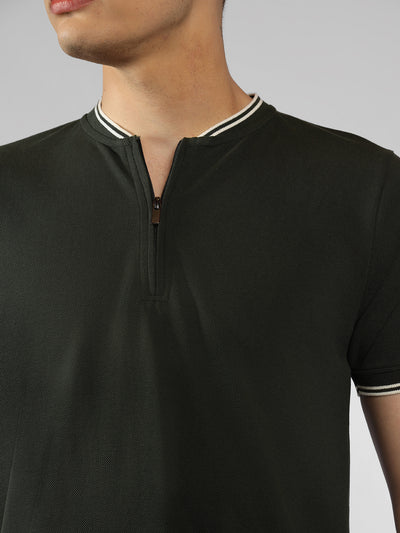 Men's Olive Solid Henley Neck Half Sleeve Casual T-Shirt