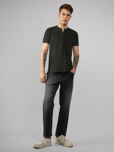 Men's Olive Solid Henley Neck Half Sleeve Casual T-Shirt