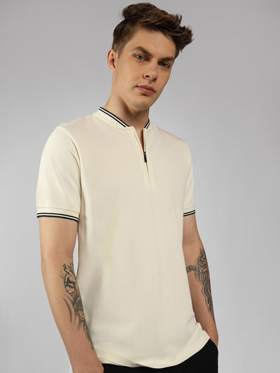 Men's Off-White Solid Henley Neck Half Sleeve Casual T-Shirt