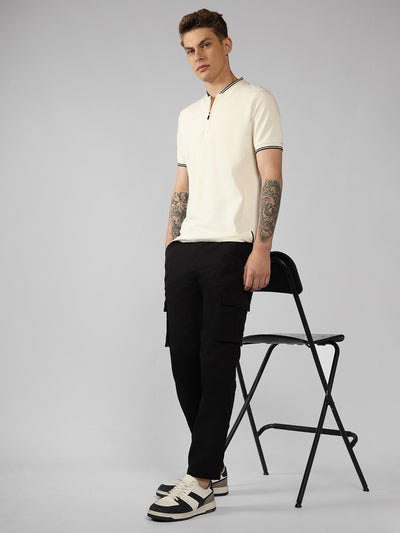 Men's Off-White Solid Henley Neck Half Sleeve Casual T-Shirt