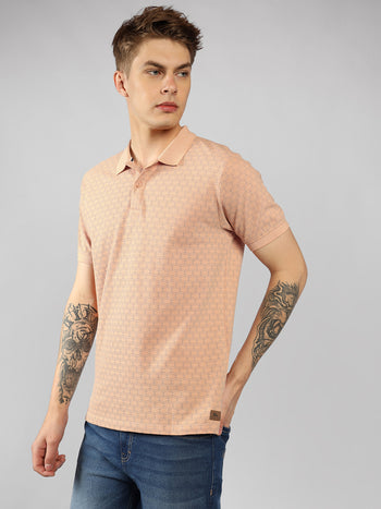 Men's Light Pink Printed Polo Collar Half Sleeve Casual T-Shirt