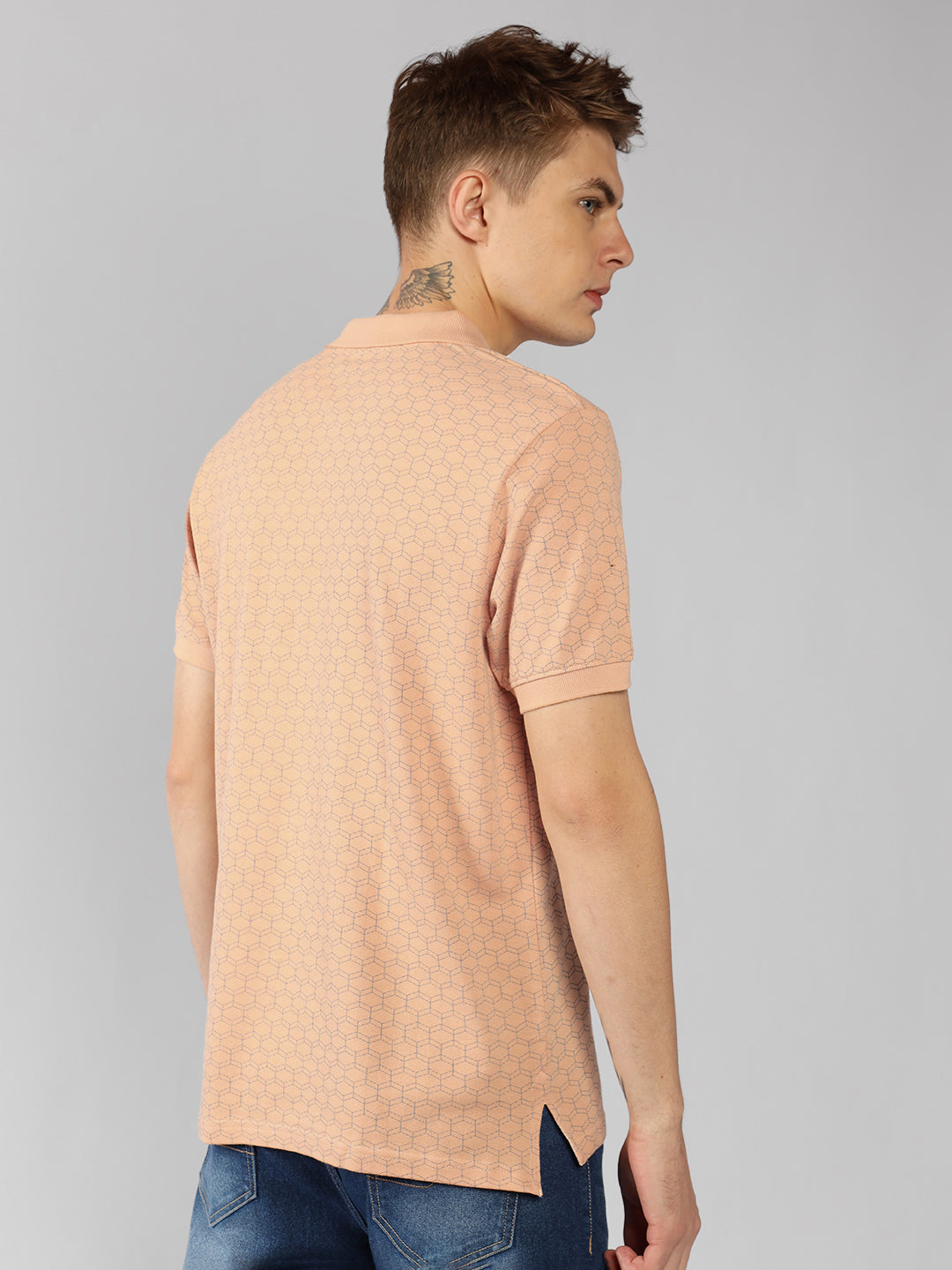 Men's Light Pink Printed Polo Collar Half Sleeve Casual T-Shirt