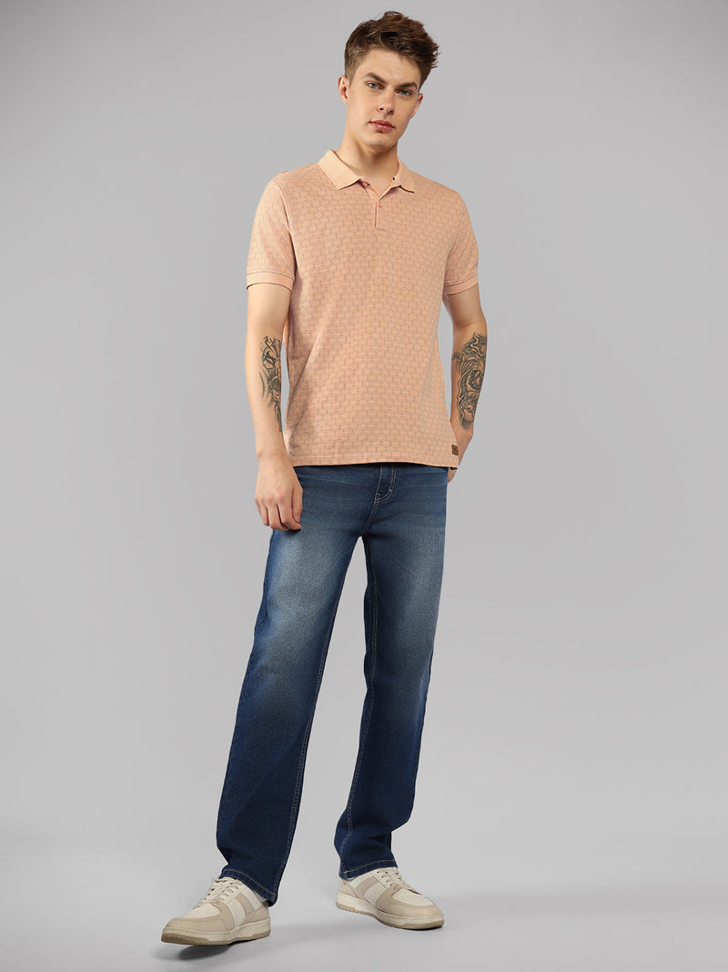 Men's Light Pink Printed Polo Collar Half Sleeve Casual T-Shirt