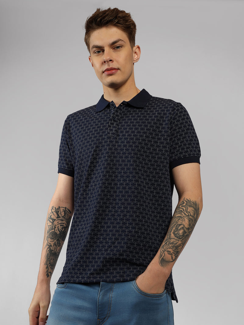 Men's Navy Printed Polo Collar Half Sleeve Casual T-Shirt