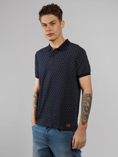 Men's Navy Printed Polo Collar Half Sleeve Casual T-Shirt