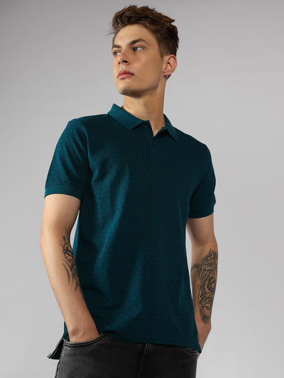 Men's Teal Printed Polo Collar Half Sleeve Casual T-Shirt