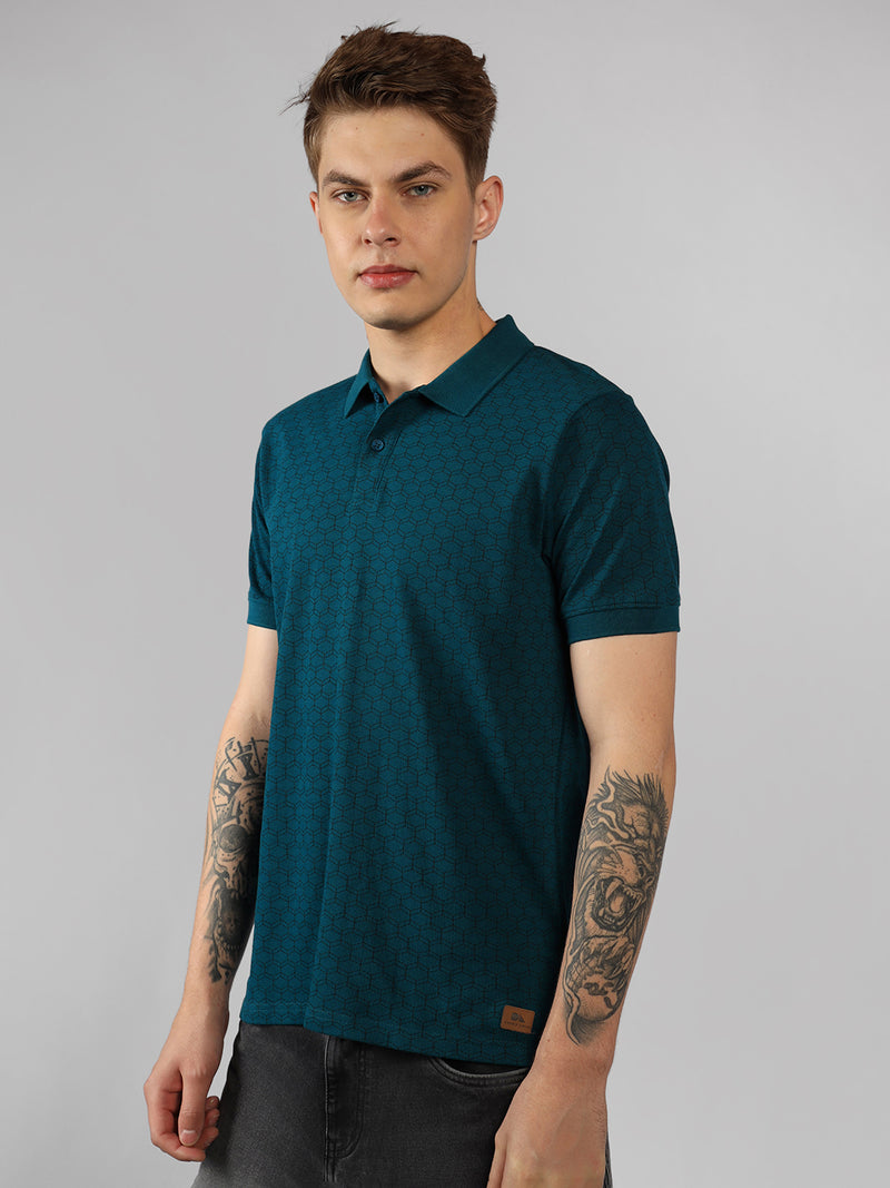 Men's Teal Printed Polo Collar Half Sleeve Casual T-Shirt