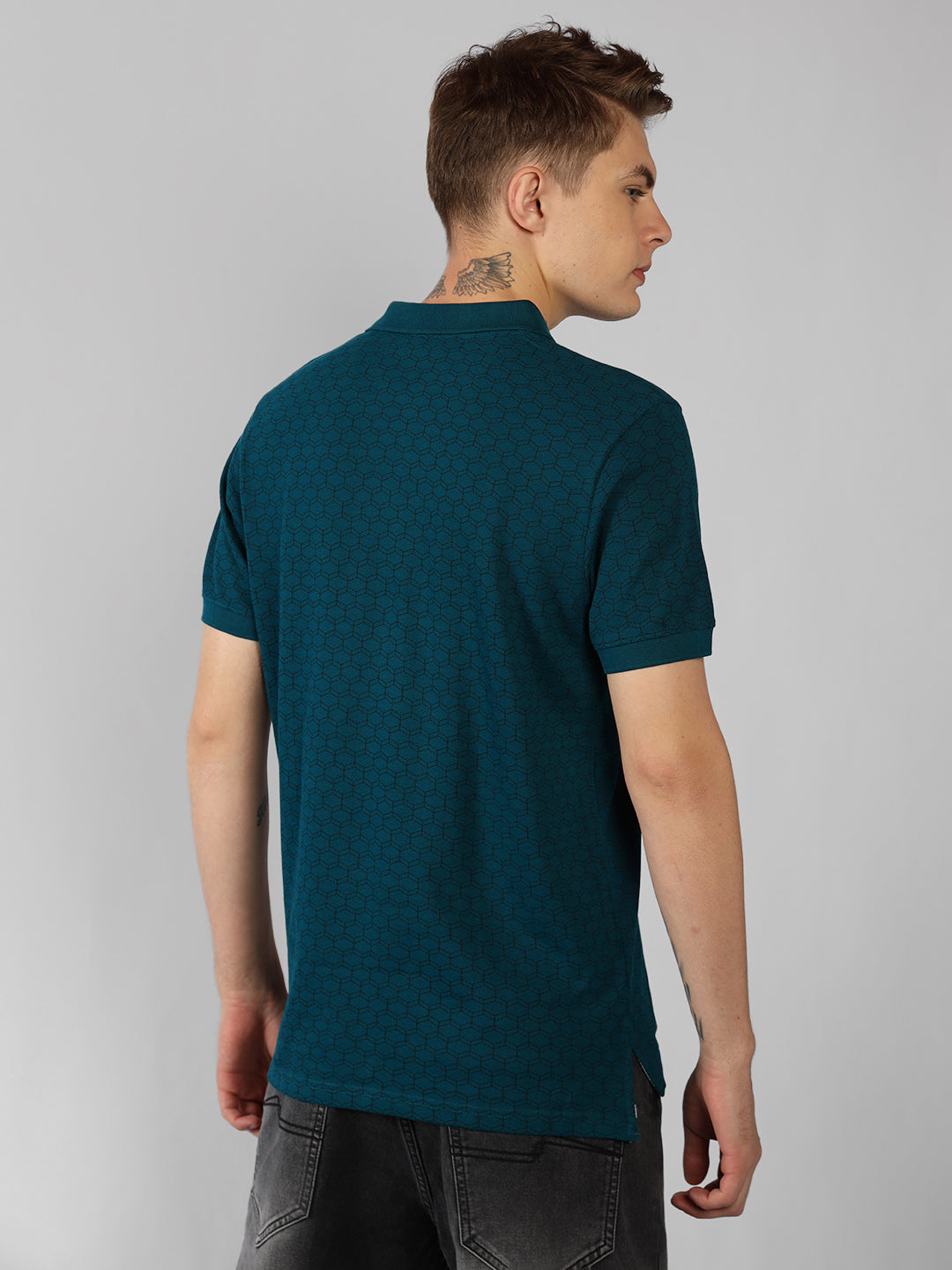 Men's Teal Printed Polo Collar Half Sleeve Casual T-Shirt