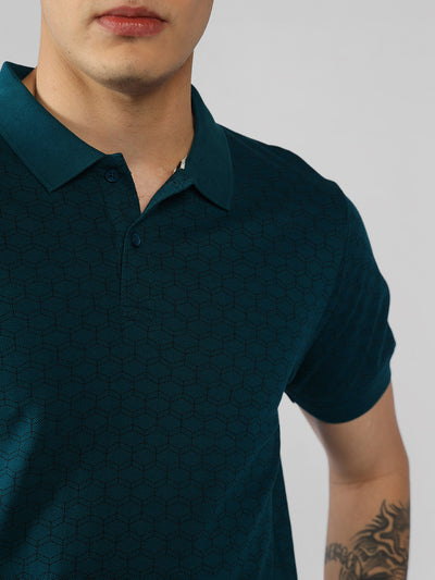 Men's Teal Printed Polo Collar Half Sleeve Casual T-Shirt