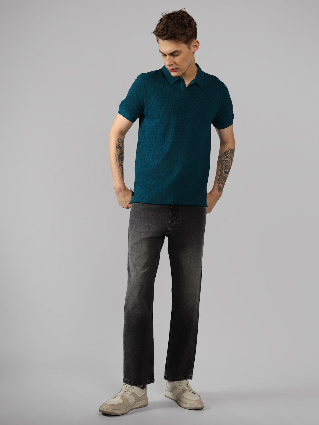 Men's Teal Printed Polo Collar Half Sleeve Casual T-Shirt