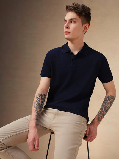 Men's Dark Blue Solid Polo Collar Half Sleeves T-shirt