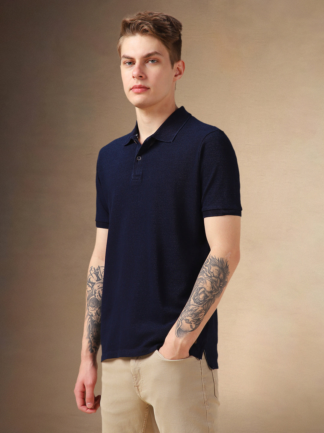 Men's Dark Blue Solid Polo Collar Half Sleeves T-shirt