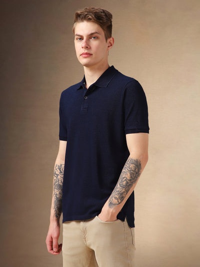 Men's Dark Blue Solid Polo Collar Half Sleeves T-shirt