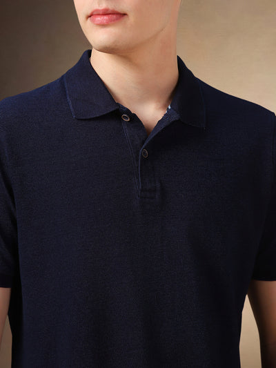 Men's Dark Blue Solid Polo Collar Half Sleeves T-shirt