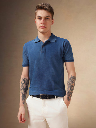 Men's Mid Blue Solid Polo Collar Half Sleeves T-shirt