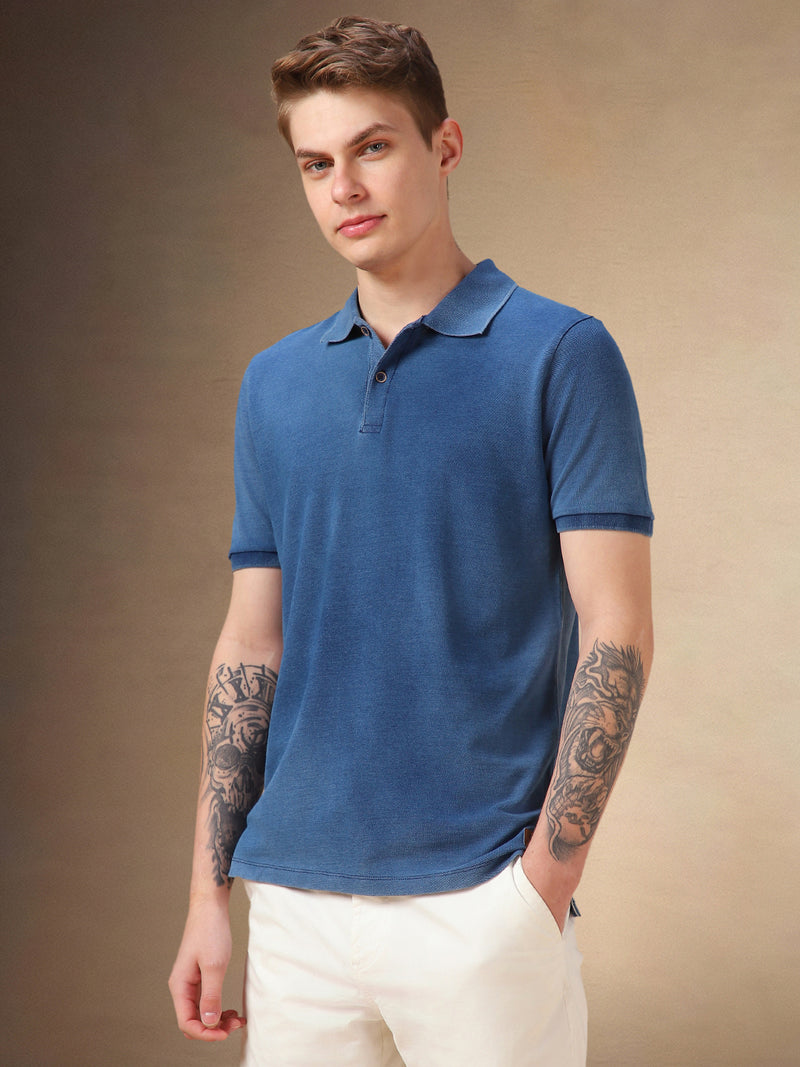 Men's Mid Blue Solid Polo Collar Half Sleeves T-shirt