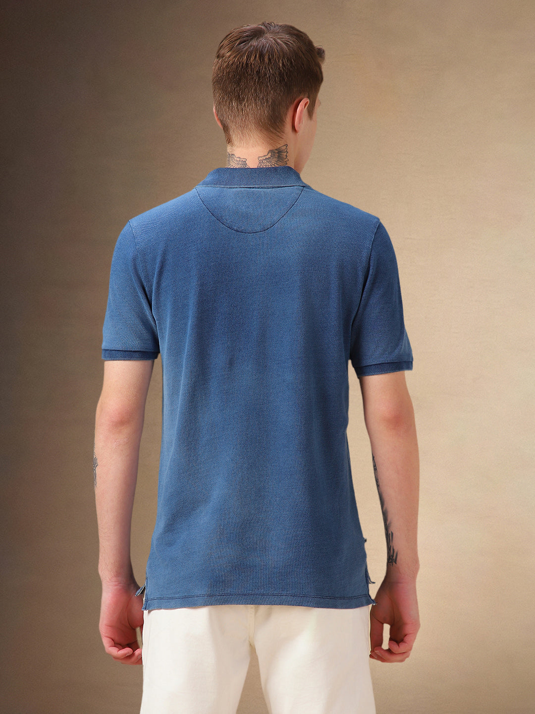 Men's Mid Blue Solid Polo Collar Half Sleeves T-shirt