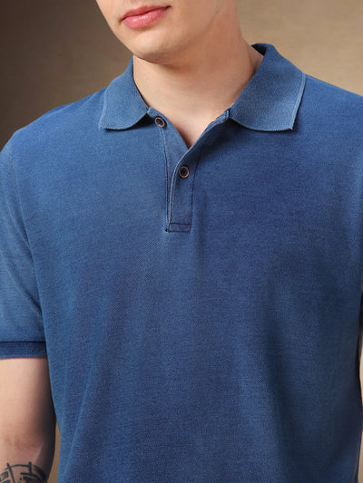 Men's Mid Blue Solid Polo Collar Half Sleeves T-shirt