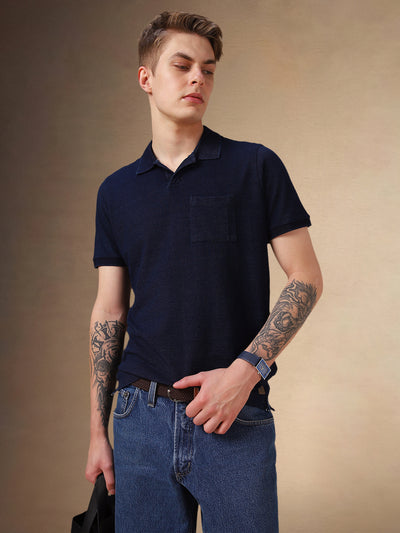 Men's Dark Blue Solid Polo Collar Half Sleeves T-shirt