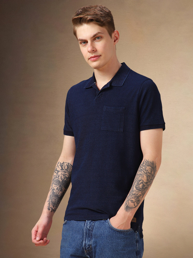 Men's Dark Blue Solid Polo Collar Half Sleeves T-shirt