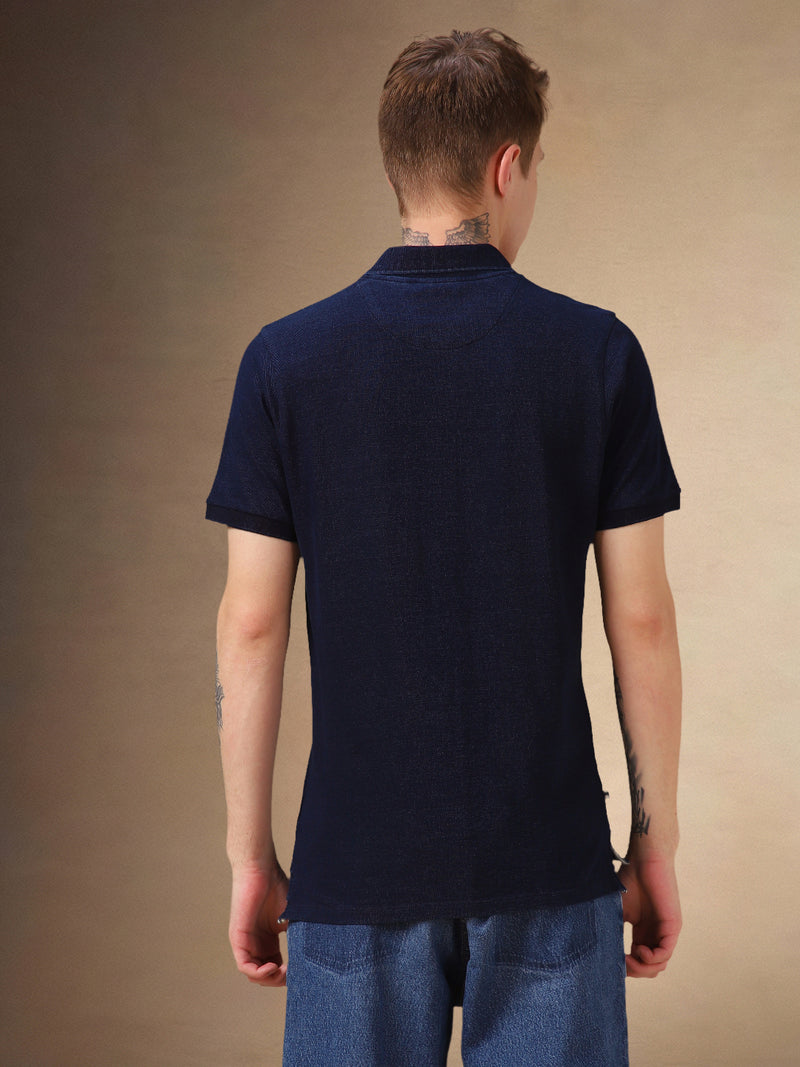 Men's Dark Blue Solid Polo Collar Half Sleeves T-shirt