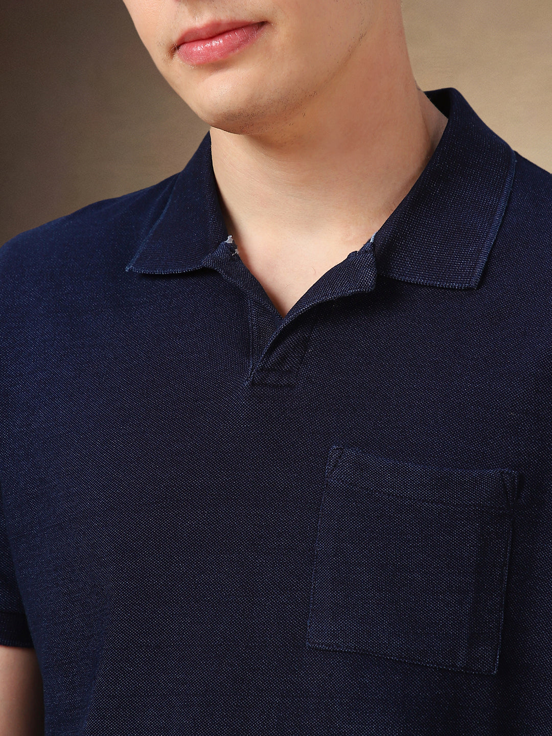 Men's Dark Blue Solid Polo Collar Half Sleeves T-shirt