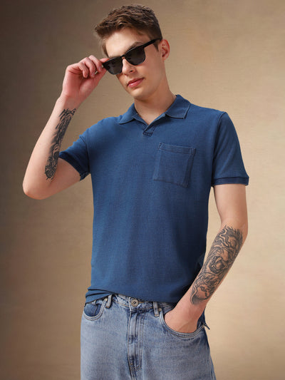 Men's Mid Blue Solid Polo Collar Half Sleeves T-shirt