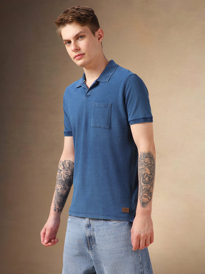 Men's Mid Blue Solid Polo Collar Half Sleeves T-shirt