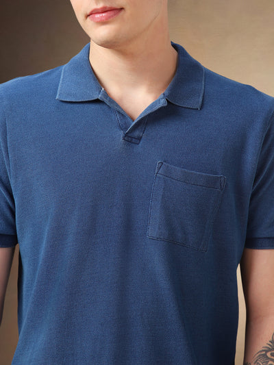 Men's Mid Blue Solid Polo Collar Half Sleeves T-shirt