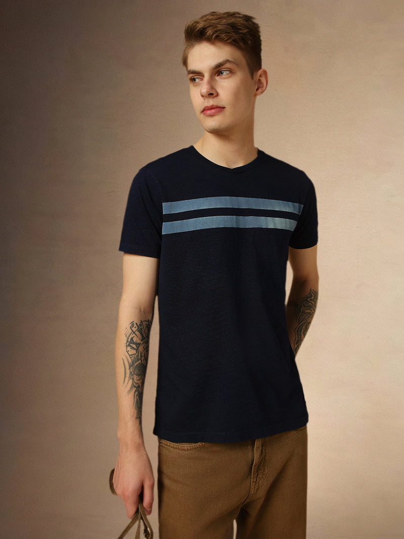 Men's Dark Blue Striped Polo Collar Half Sleeves Regular Fit T-Shirt