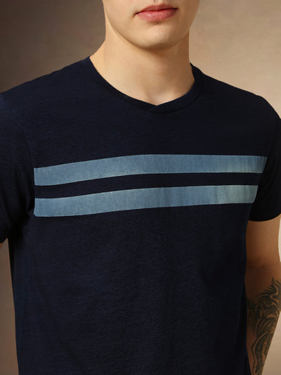 Men's Dark Blue Striped Polo Collar Half Sleeves Regular Fit T-Shirt