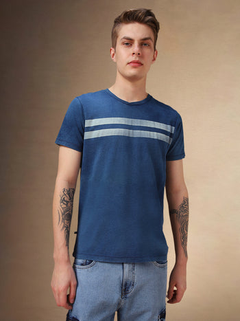 Men's Mid Blue Striped Round Neck Half Sleeves T-shirt