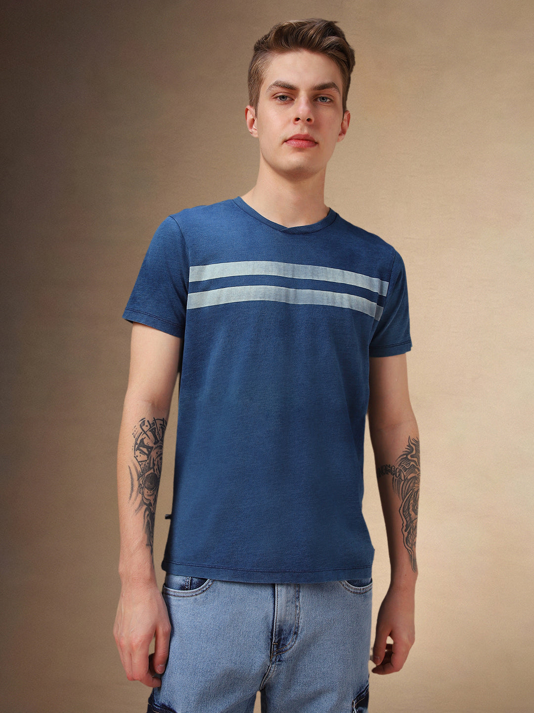 Men's Mid Blue Striped Round Neck Half Sleeves T-shirt