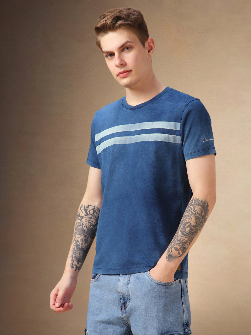 Men's Mid Blue Striped Round Neck Half Sleeves T-shirt